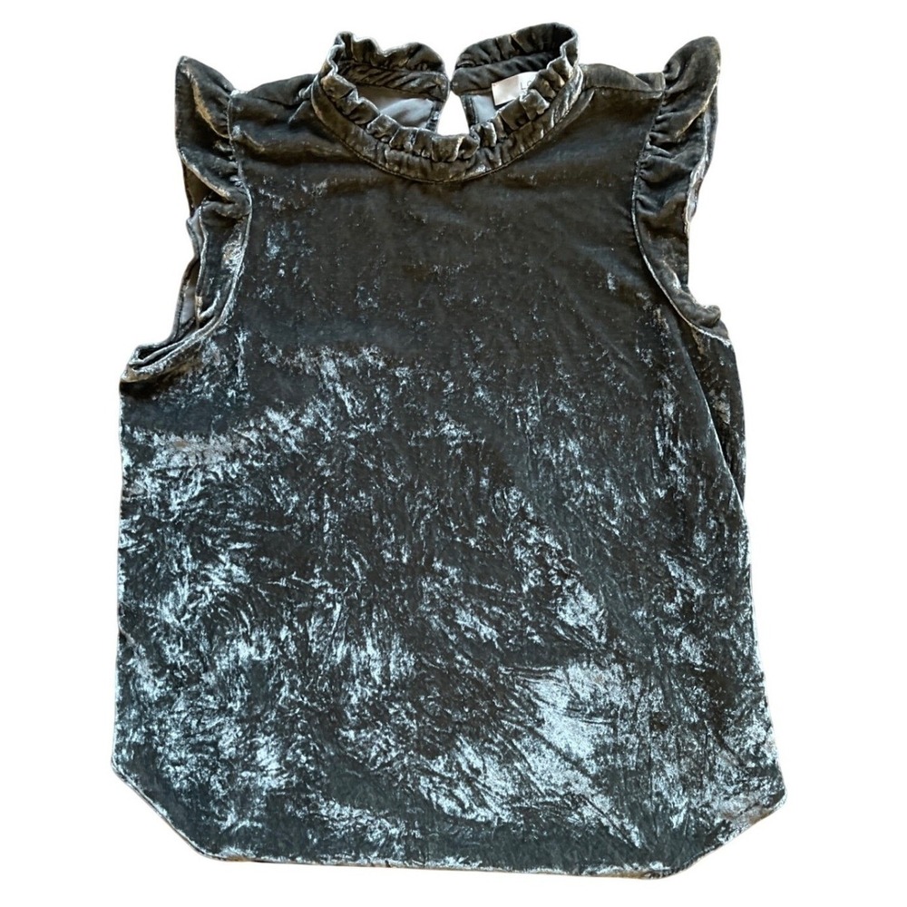 LOFT Top Womens M Sleeveless Ruffle Neck Crushed Velvet Gray EUC